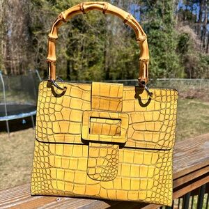 Yellow Crocodile Embossed Pattern Handbag with Bamboo Handle Italy Buckle